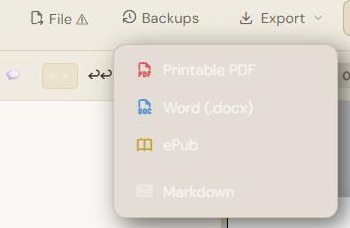 Das Menü „Export“: druckfähiges PDF, Word (.docx), ePub und Markdown.