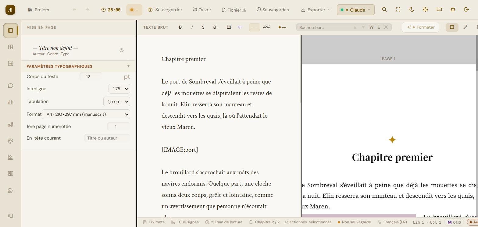 Vue d'ensemble : rail de panneaux à gauche, zone d'écriture au centre, aperçu paginé « livre » à droite.