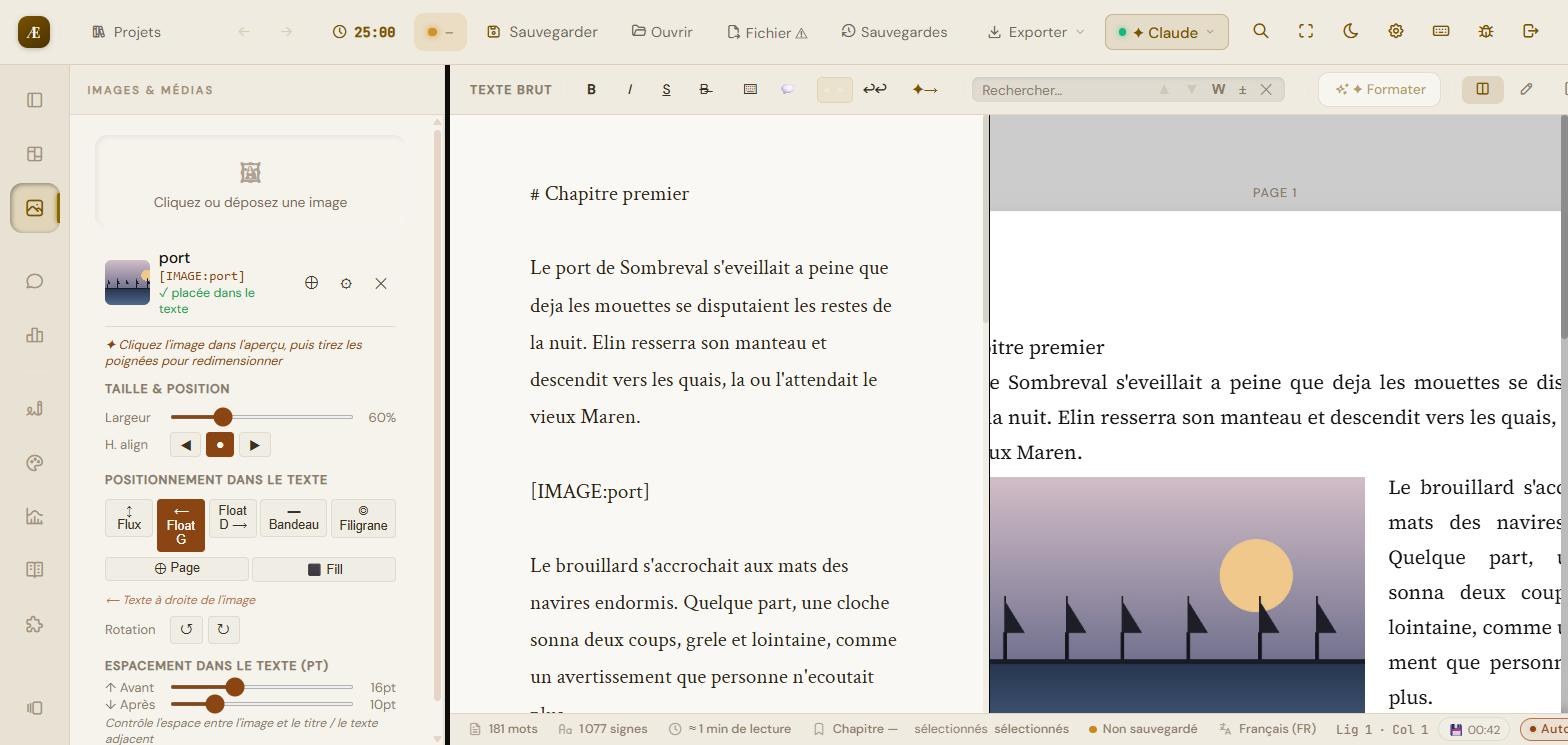 Panneau d'options d'image (largeur 60 %, alignement, 7 modes de positionnement, rotation, espacement) — et, à droite, le texte qui s'enroule autour de l'image en mode Float G.