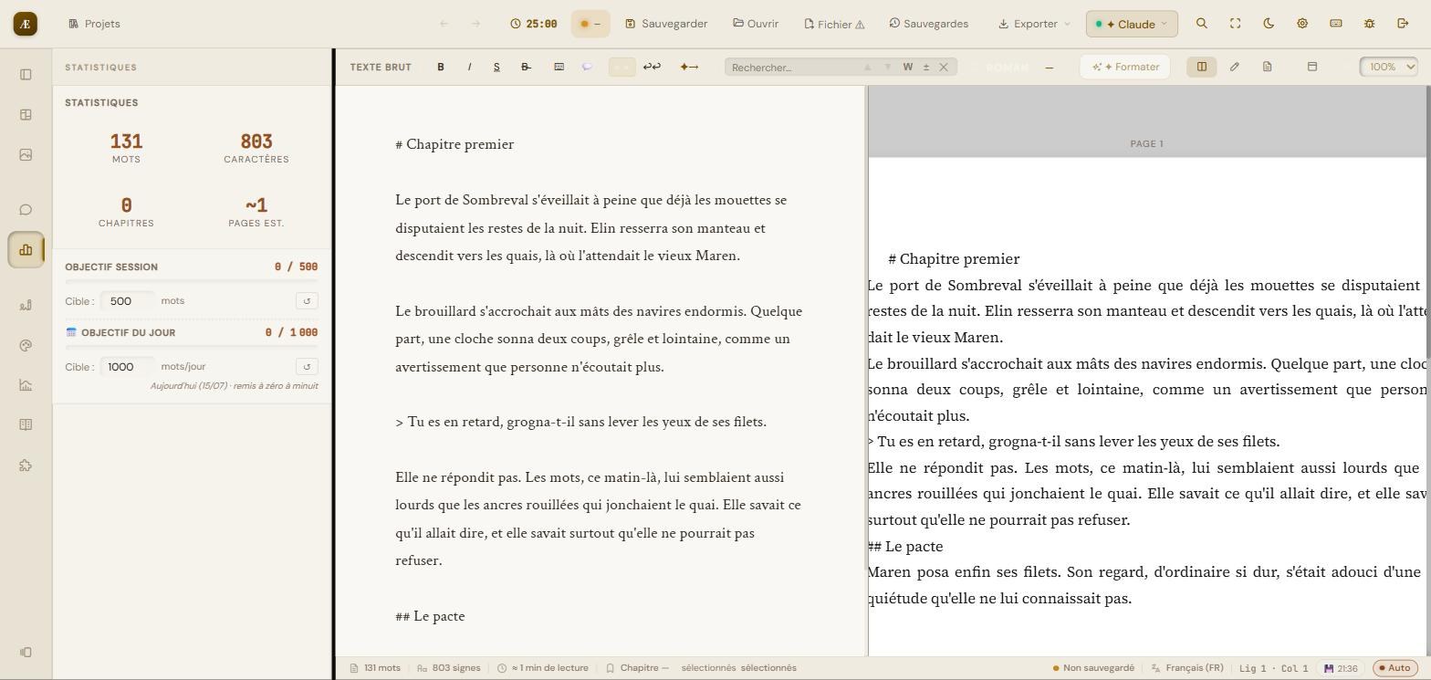 Le panneau « Statistiques » : mots, caractères, chapitres, pages estimées, et objectifs de session / du jour.