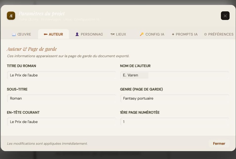 Onglet « Auteur » : titre, nom d'auteur, sous-titre, genre de couverture, en-tête courant, folio de départ.