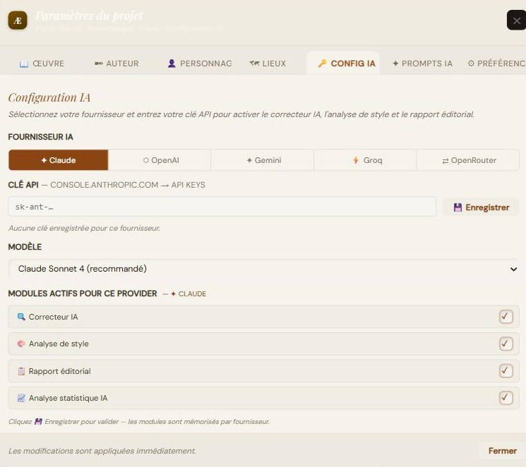 Onglet « Config IA » : choix du fournisseur, clé API, modèle et modules actifs mémorisés par fournisseur.
