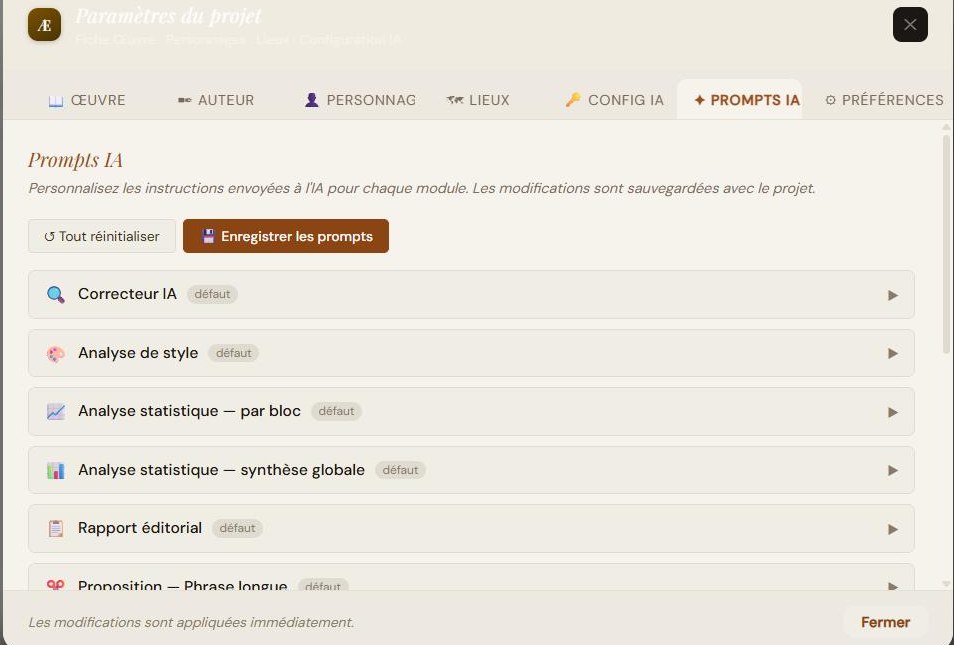 Onglet « Prompts IA » : chaque module est éditable (badge « défaut »), avec « Tout réinitialiser » et « Enregistrer les prompts ».