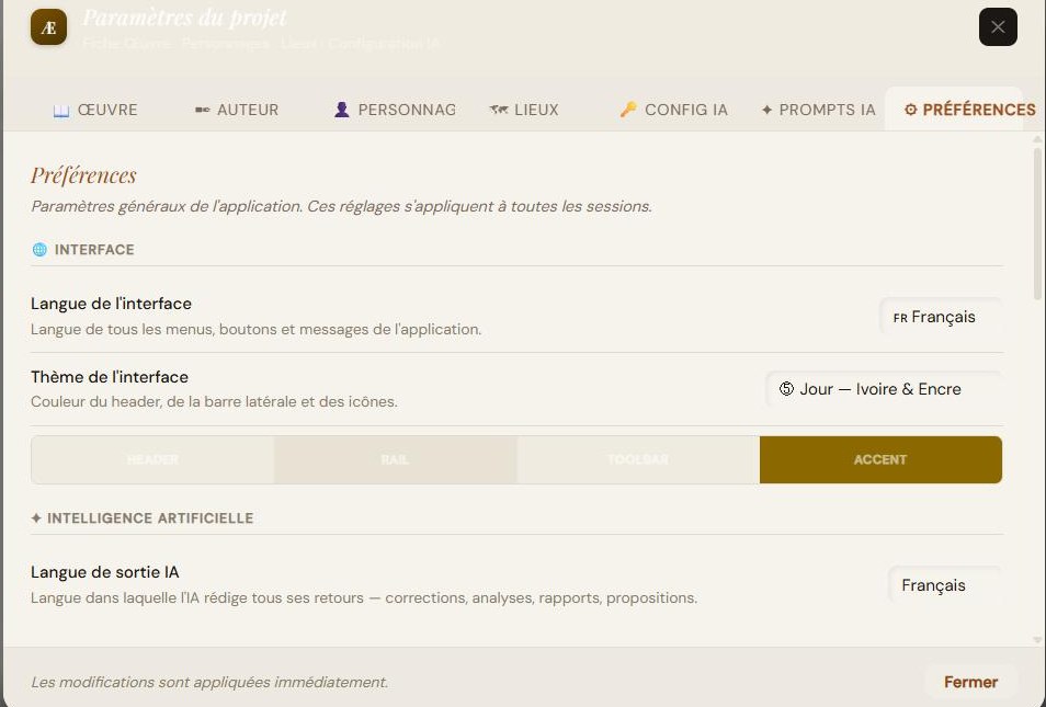 Préférences → Interface : langue de l'interface, thème (avec aperçu Header/Rail/Toolbar/Accent) et langue de sortie de l'IA.