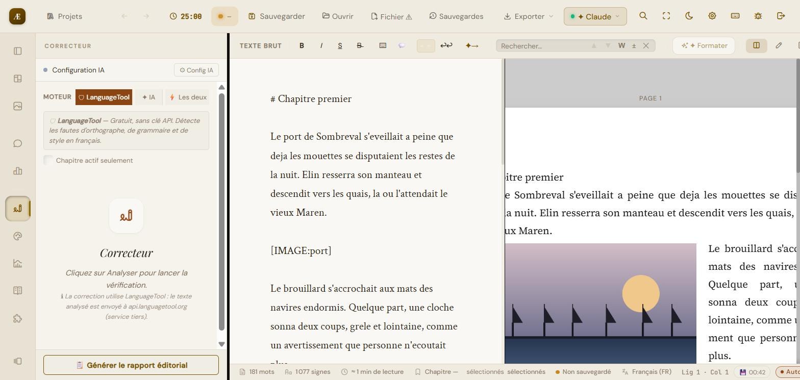 Le correcteur : choix du moteur — LanguageTool (gratuit, sans clé), IA, ou Les deux — et option « Chapitre actif seulement ».