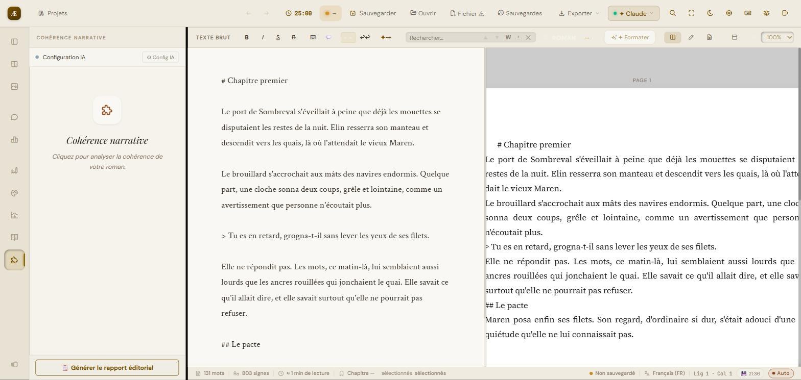 Le panneau « Cohérence narrative » : lancement de l'analyse et génération du rapport éditorial.