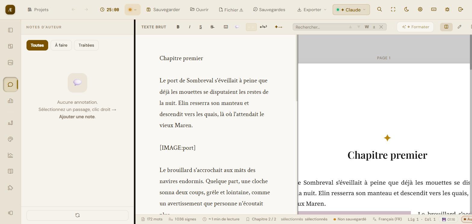 Le panneau « Notes d'auteur » : filtres Toutes / À faire / Traitées, et création par sélection + clic droit.