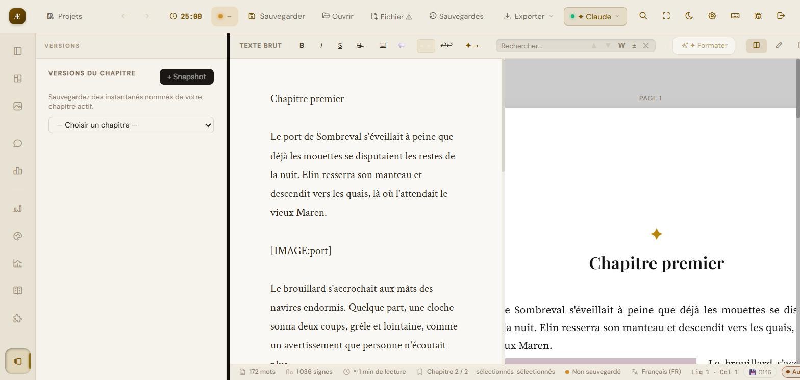 Le panneau « Versions du chapitre » : bouton « + Snapshot » et sélecteur de chapitre.