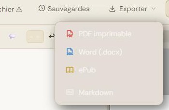 Le menu « Exporter » : PDF imprimable, Word (.docx), ePub et Markdown.