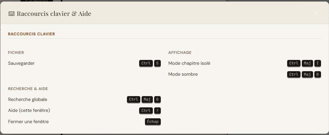 La fenêtre « Raccourcis clavier & Aide » : fichier, affichage, recherche et aide.